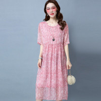 丝柏舍2017夏季新款女装纯色印花短袖圆领中长款连衣裙S72S0004L