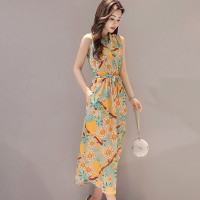 丝柏舍2018夏季新款女装时尚印花轻熟性感V领无袖中长款连衣裙S72R1582L