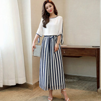 丝柏舍2019夏装女七分袖上衣搭条纹阔腿裤套装