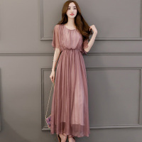 丝柏舍 2018年夏季新款女装圆领纯色短袖收腰长款连衣裙S72R1425L