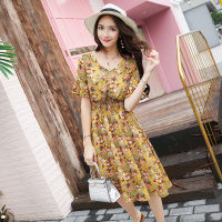 丝柏舍2019夏装女装清新时尚印花短袖及膝连衣裙S72R1459L
