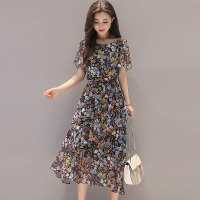 丝柏舍2018年夏季新款女装圆领收腰修身短袖中长款连衣裙S72R1466L