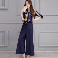 丝柏舍2017秋季新款女装条纹上衣搭阔腿裤套装(配腰带)S71R0095