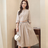 丝柏舍2017秋装新款女装小立领七分袖收腰中长连衣裙S73R0075L