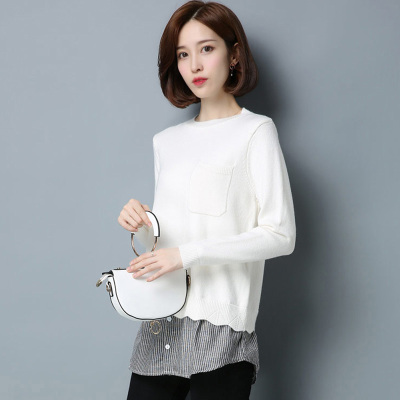 丝柏舍 2017秋装新款女装圆领长袖条纹拼接下摆套头毛衣S74S0026M