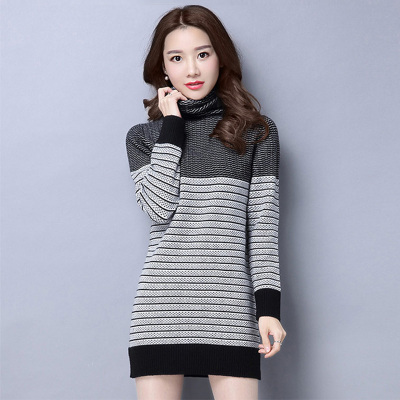 丝柏舍2017年秋新款套头中长款高领针织衫条纹显瘦毛衣S74Z0043M