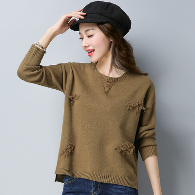 丝柏舍2017年秋装新款女装上衣休闲流苏装饰套头针织衫S74S0030M