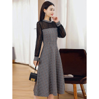 丝柏舍2018秋装新款女装格子蕾丝拼接长袖中长款连衣裙S83R0061L