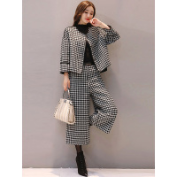 丝柏舍冬装女2018新款格纹长袖上衣搭收腰休闲裤套装S83B0414N