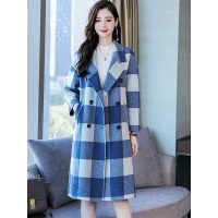 丝柏舍冬季女2019韩版翻领双排扣格纹中长毛呢大衣S94R6006D