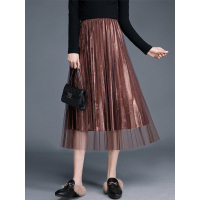 丝柏舍裙子女秋冬简约自然腰纯色网纱中长款百褶半身裙S83T4186B