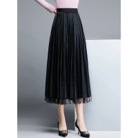 丝柏舍裙子女秋冬2018新款纯色蕾丝中长款百褶半身裙S83T4188B