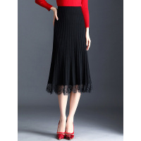 丝柏舍春装女2019新款简约纯色百褶蕾丝拼接A版半身裙S83S0255B