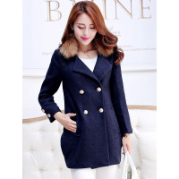 丝柏舍2018秋冬新款女装纯色可拆卸毛领长袖双排扣毛呢大衣030096