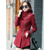 丝柏舍2018冬装新款女装时尚立领斜拉链修身纯色毛呢大衣036267
