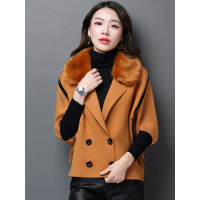 丝柏舍2018冬新款女装纯色蝙蝠袖双排扣毛领针织外套046334