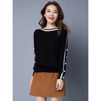 丝柏舍2019秋冬装女装针织圆领长袖拼接毛衣套头衫上衣S64H0050
