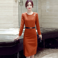 丝柏舍2018秋冬新款女装圆领长袖修身纯色连衣裙（配腰带）S71R0026