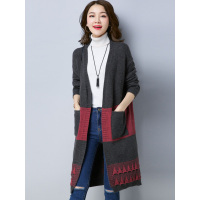 丝柏舍2018秋冬新款韩版拼色中长款大口袋宽松针织开衫S74L0020Z