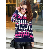 丝柏舍2018秋冬新款女装精致印花翻领修身长袖套头针织衫046096