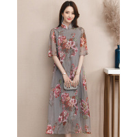 丝柏舍2019立领盘扣印花五分袖民族风长款连衣裙S81B0199L