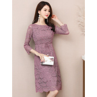 丝柏舍2019新款女装春装圆领七分袖蕾丝纯色气质连衣裙S81Q0080L