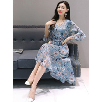 丝柏舍2019春V领系带收腰印花喇叭袖不规则下摆连衣裙S81R0008L