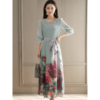 丝柏舍2019新款女装春装潮连衣裙圆领长袖系带印花长裙S81R0250L
