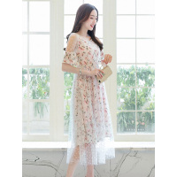 丝柏舍2019新款女装五分荷叶袖田园碎花淑女长款连衣裙S81R0307L