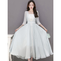 丝柏舍2019春新女气质蕾丝拼接系带收腰飘逸大摆连衣裙S81R0318L