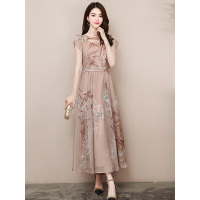 丝柏舍2019新款女装春装潮连衣裙镂空圆领短袖印花长裙S81R0339L