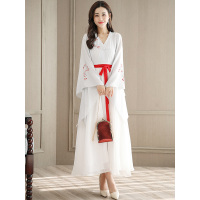 丝柏舍2019春季新款女裙V领收腰大裙摆复古长裙连衣裙S81R0627L