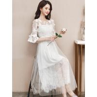 丝柏舍女士2019款春装圆领刺绣喇叭袖长款飘逸仙女裙S81R0789L