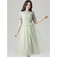 丝柏舍2019夏装女装纯色圆领短袖中长款连衣裙