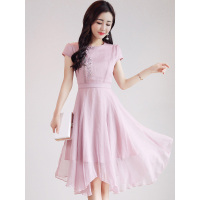 丝柏舍2019年夏装韩版淑女圆领短袖收腰显瘦雪纺连衣裙S81R0967L
