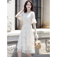 丝柏舍2019年夏季新款印花修身喇叭袖韩版中长款连衣裙S81R0982L