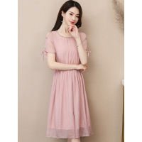 丝柏舍2019夏装中长款纯色短袖圆领修身连衣裙S72R0197
