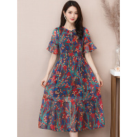 丝柏舍夏装女装五分袖雪纺碎花长款连衣裙