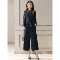 丝柏舍春装女2019条纹蕾丝拼接上衣搭阔腿裤套装S91B0348N