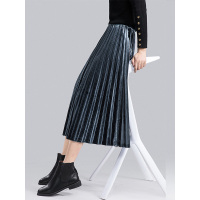 丝柏舍春装女2019纯色丝绒松紧腰百褶裙大摆半身裙S91T0144B