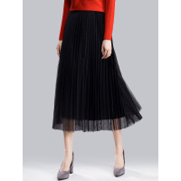 丝柏舍2019春装女纯色收腰网纱百褶中长款半身裙S91T0146B