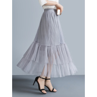 丝柏舍春装女2019简约纯色松紧腰拼接网纱半身裙S91T1088B