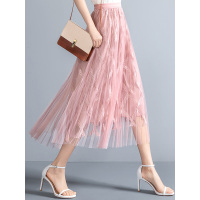 丝柏舍2019女春装简约收腰网纱印花飘逸气质半身裙S91T1089B