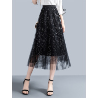 丝柏舍2019春装女纯色收腰修身网纱飘逸百褶半身裙S91T1092B