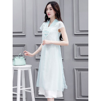 丝柏舍2019夏装纯色中长款短袖修身淑女显瘦连衣裙女S72R0566