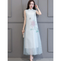 丝柏舍2019夏装女立领无袖纯色简约百搭宽松长裙S72R0810