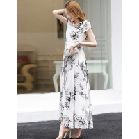 丝柏舍2019夏季女装印花短袖圆领中国风长款连衣裙S72R0941L