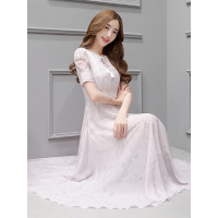 丝柏舍2019夏装女系带镂空圆领短袖印花长款连衣裙S72R1013L