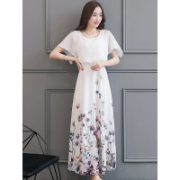 丝柏舍2019夏装女时尚印花圆领短袖修身长款连衣裙S72R1077L