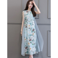 丝柏舍2019夏装女圆领宽松长款无袖印花拼接连衣裙S72R1114L